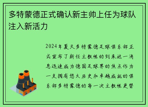 多特蒙德正式确认新主帅上任为球队注入新活力