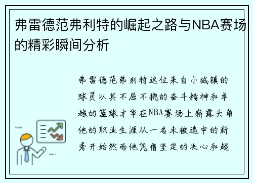 弗雷德范弗利特的崛起之路与NBA赛场的精彩瞬间分析